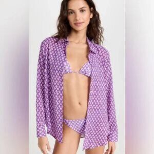 Xirena Beau Shirt Button Up Blouse Top Size S Purple Clover Print Cover-Up Beach
